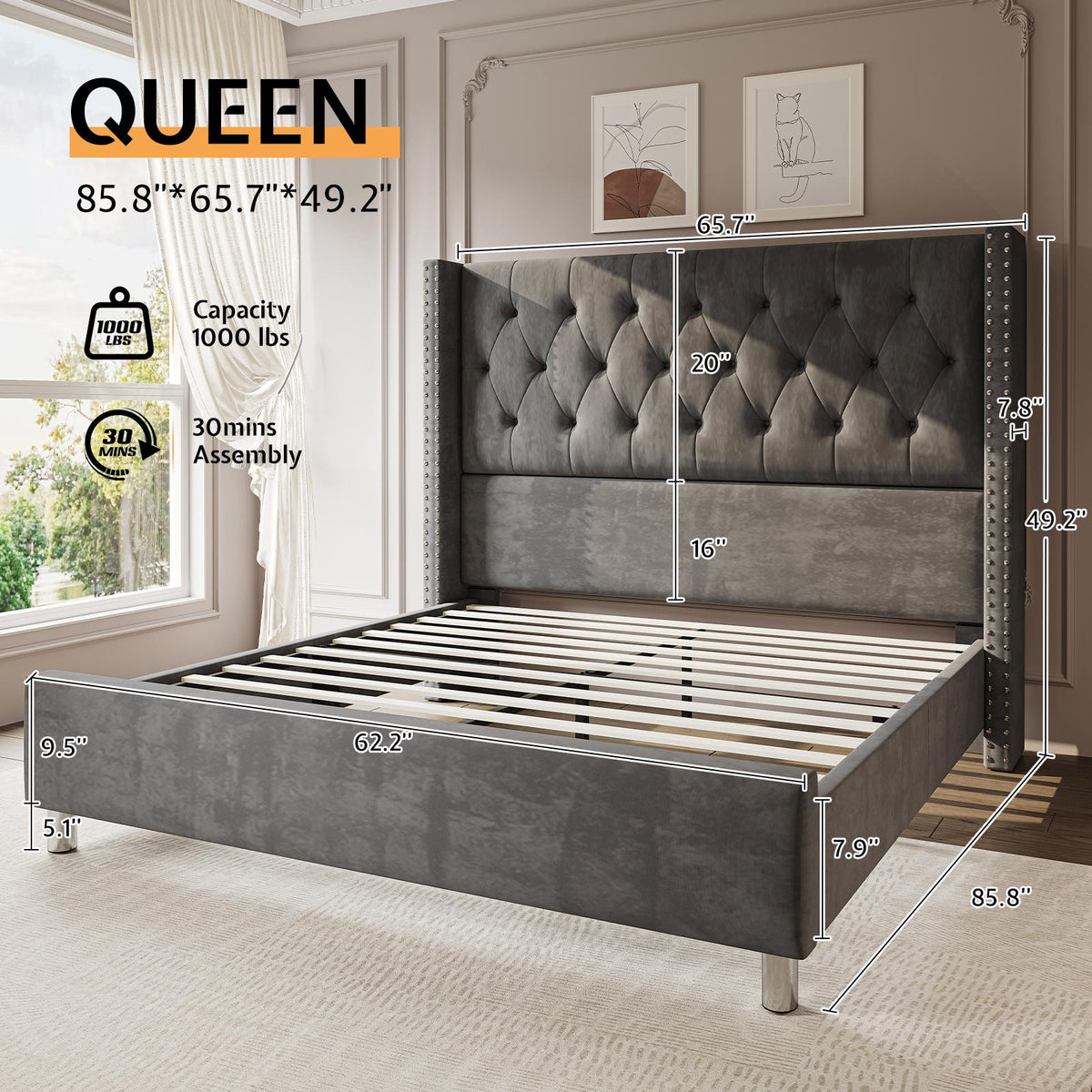 upholstered platform bed frame 50 inch velvet