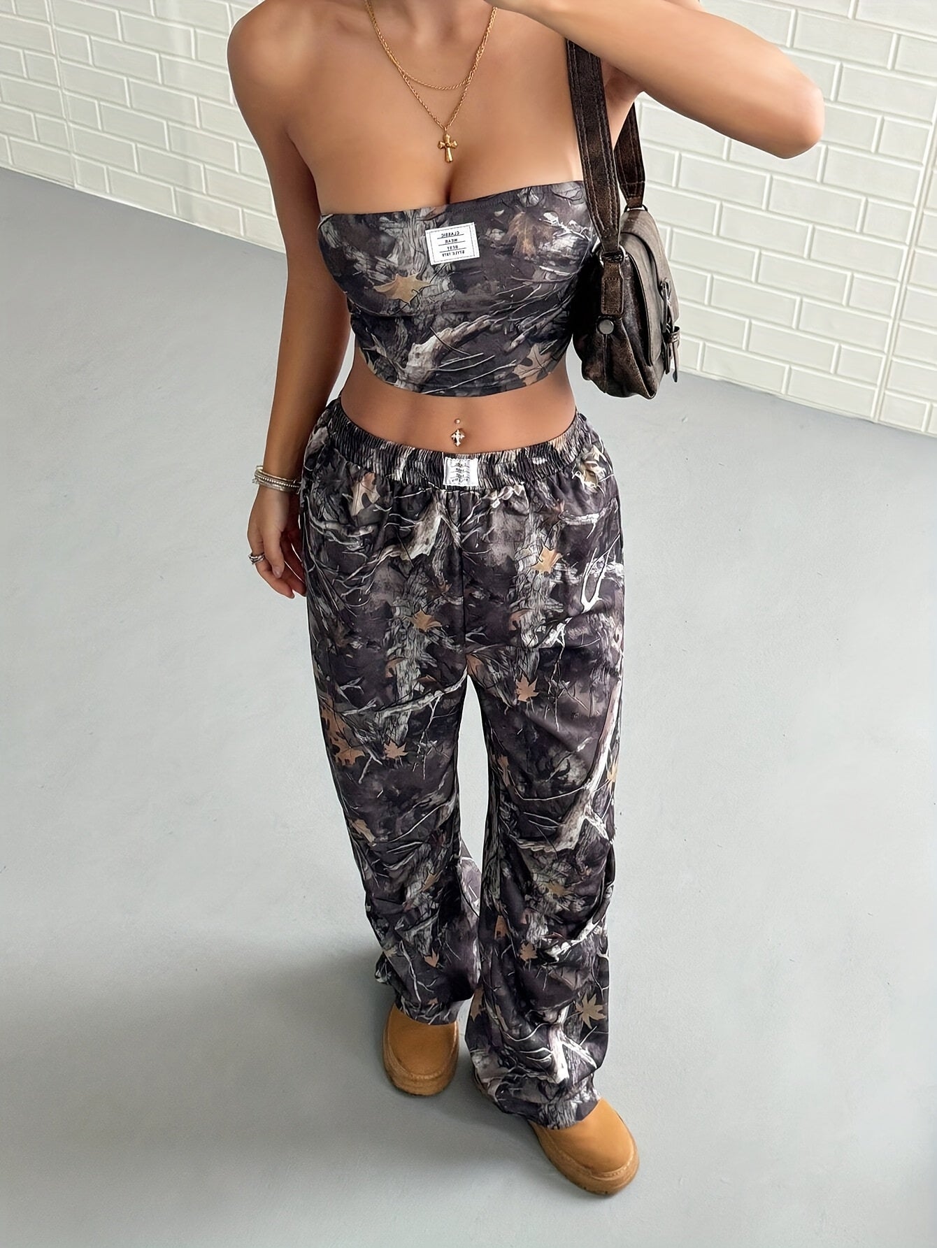 2pcs womens vintage   print crop top casual pants set