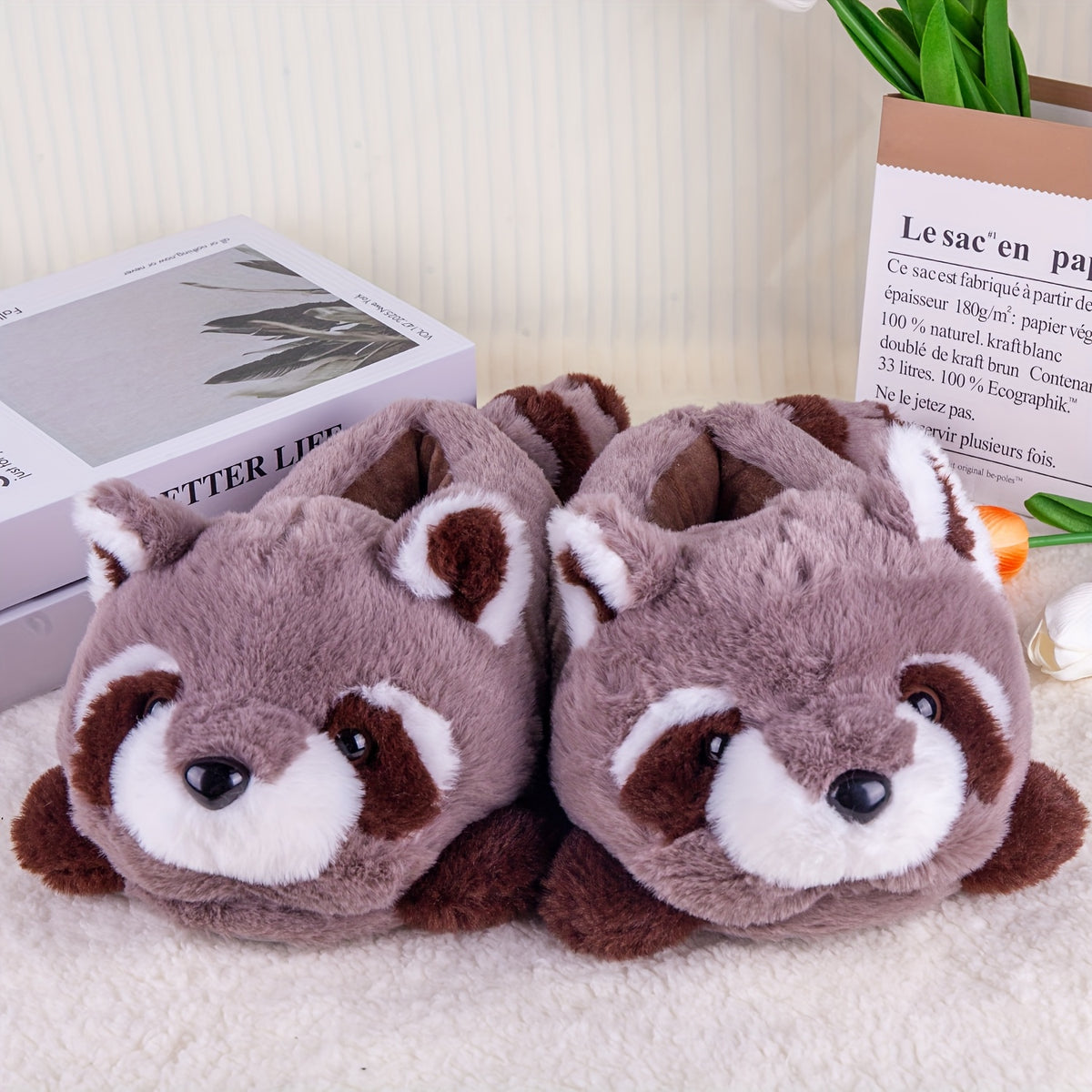 cute stuffed gray raccoon plush indoor slippers comfortable