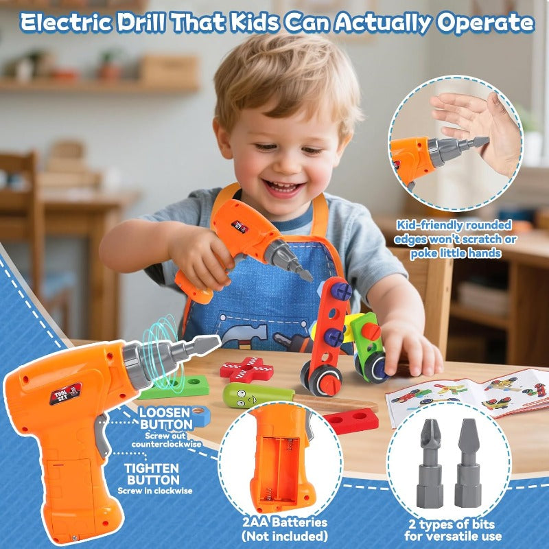 44pcs wooden kids tool set electric drill apron storage box