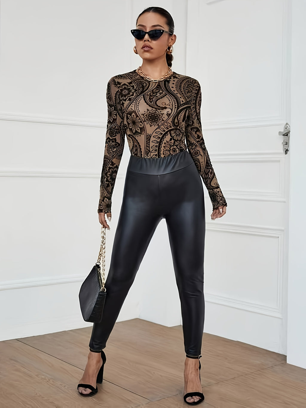 womens   mesh paisley   long sleeve bodysuit semi