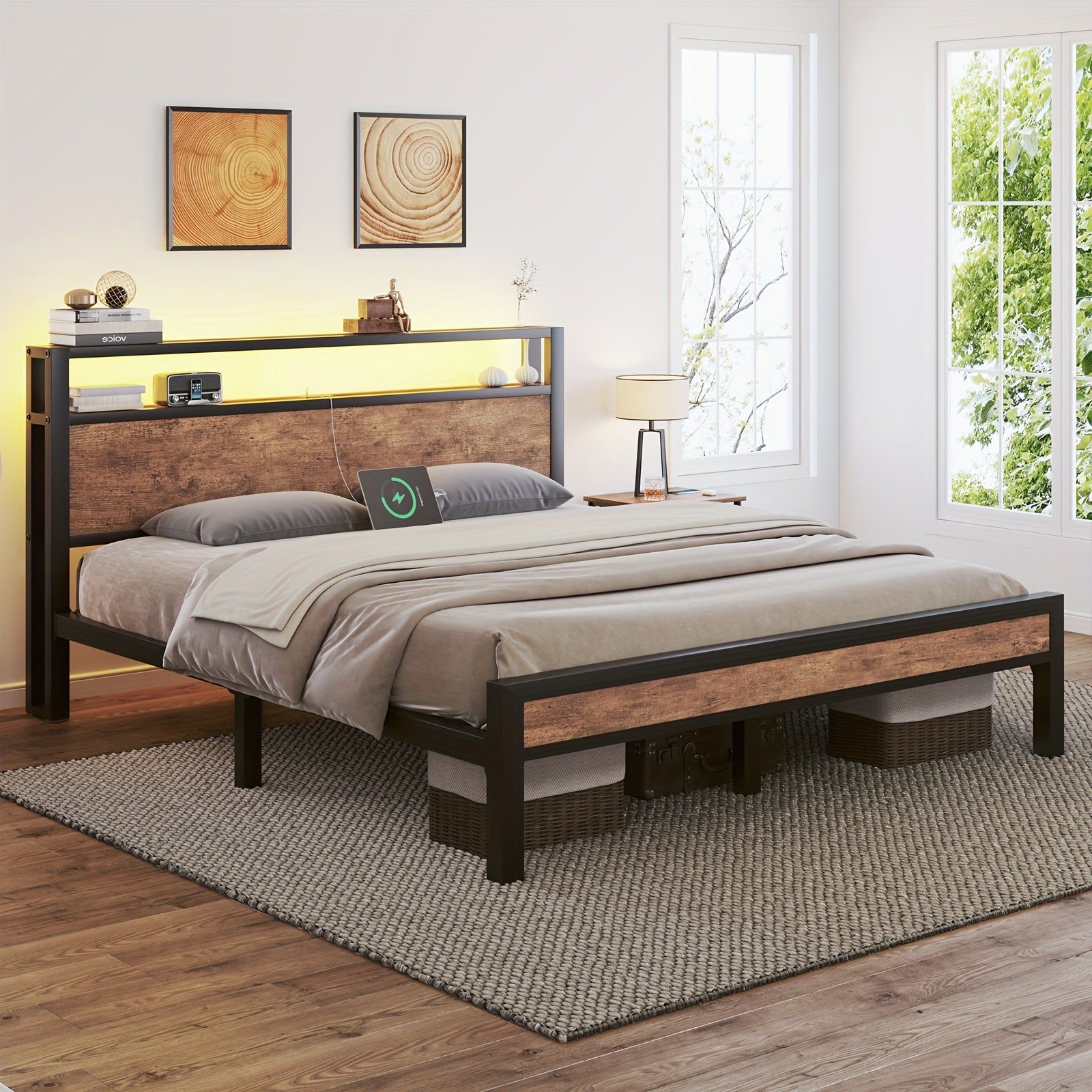 full queen king size bed frame storage metal platform bed