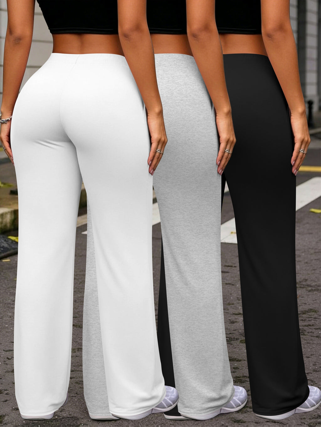 womens casual three piece wide leg pants drawstring waist