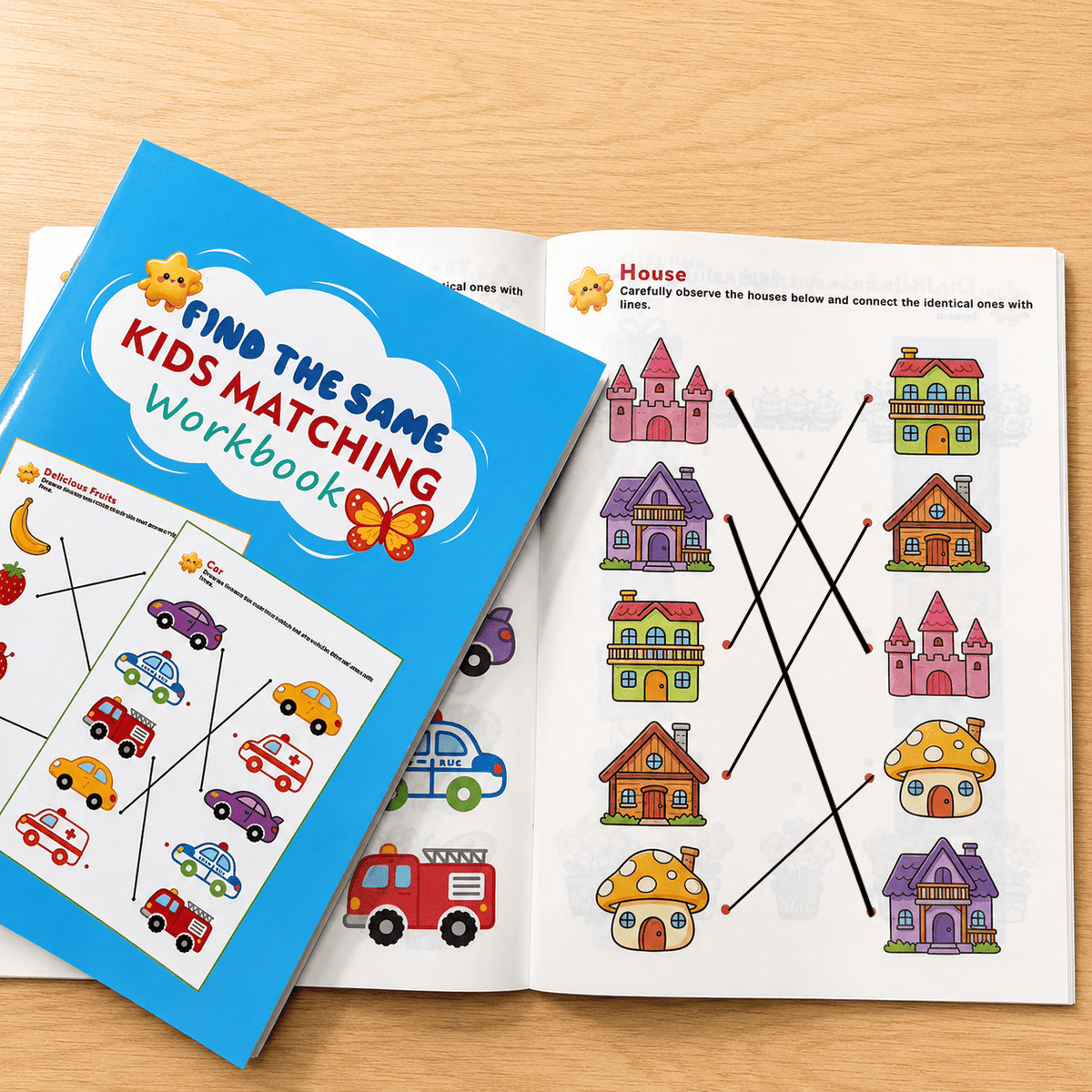 32 page visual matching activity book cute fruits vehicles