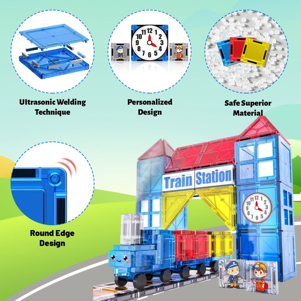 magnetic train station building set 60pcs magnetic tiles