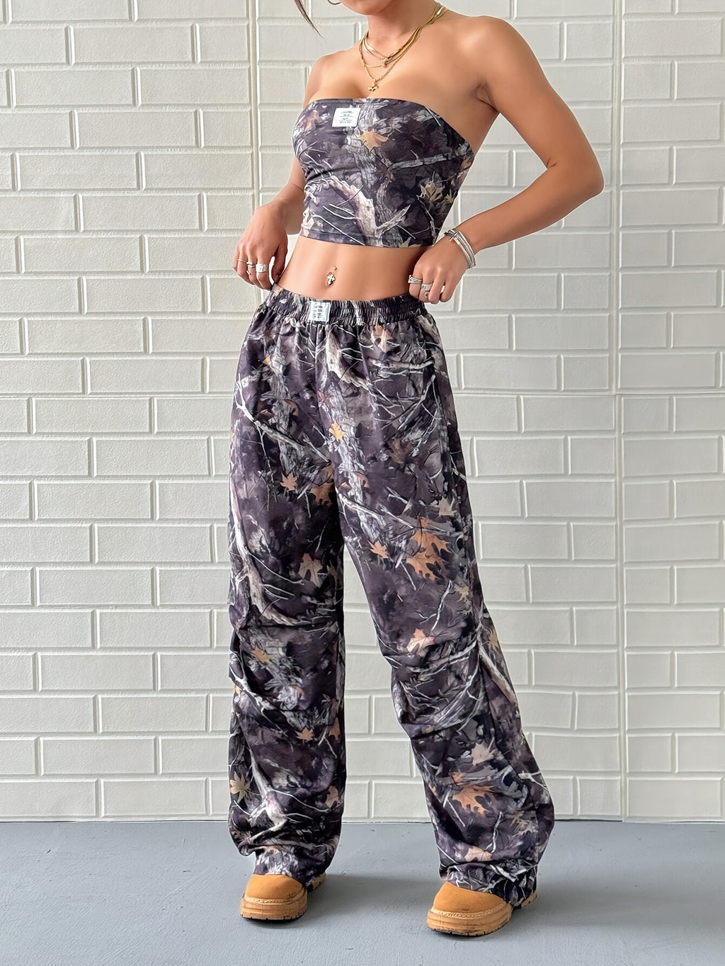 2pcs womens vintage   print crop top casual pants set