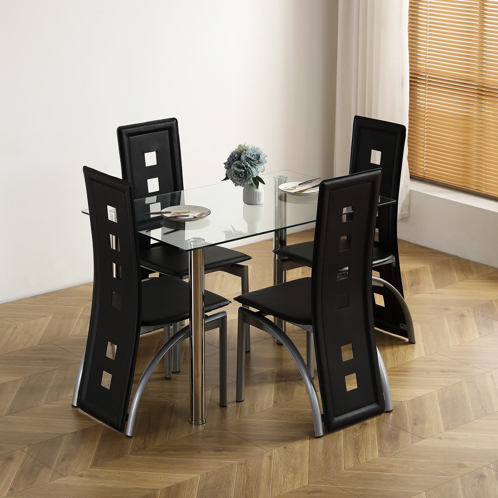 5pcs modern dining set glass   4 leather chairs