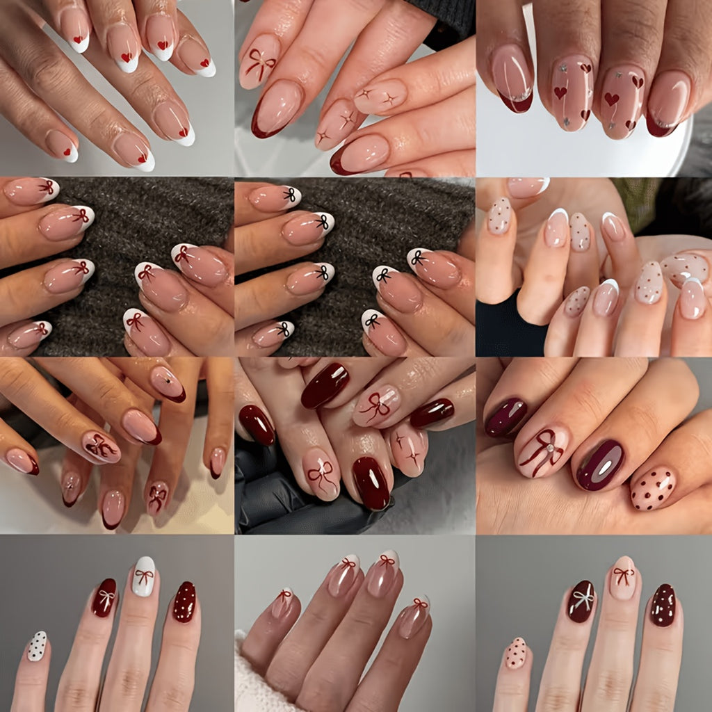 288pcs short oval press nails   multicolor bow heart