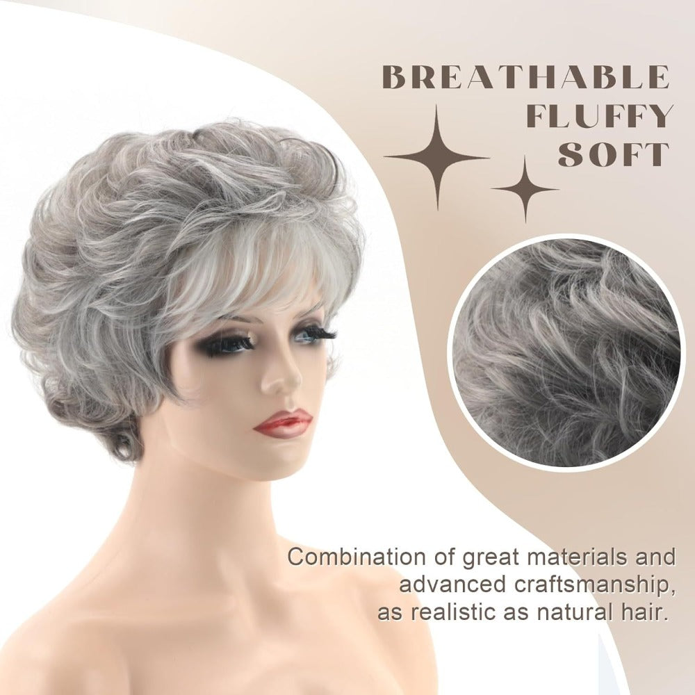 popular silvery gray short wavy wig women featuring a fluffy