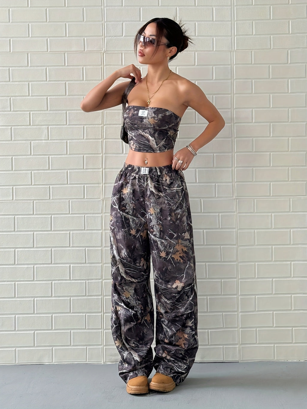2pcs womens vintage   print crop top casual pants set