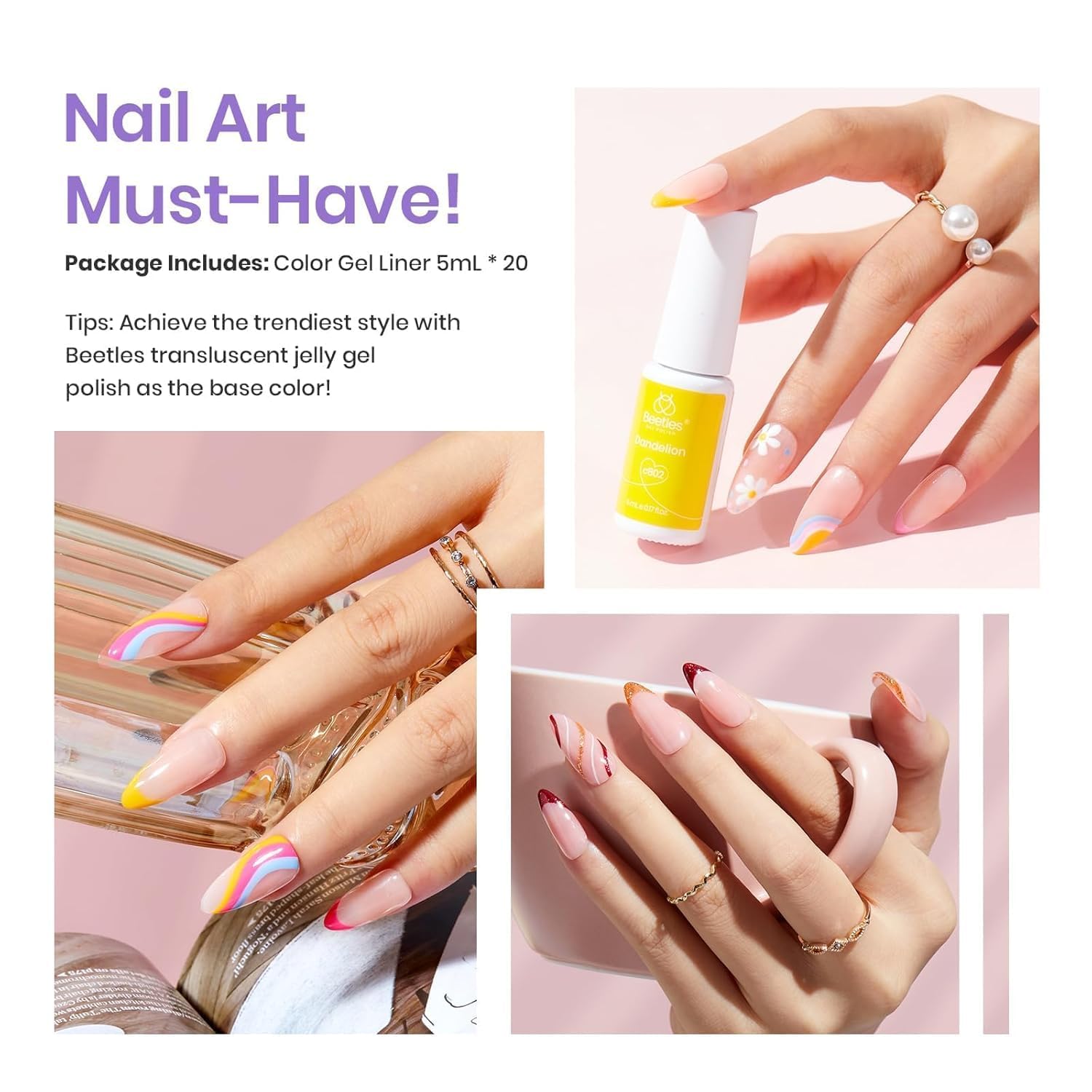 20 colors beetles french tip gel polish thin brush nail art