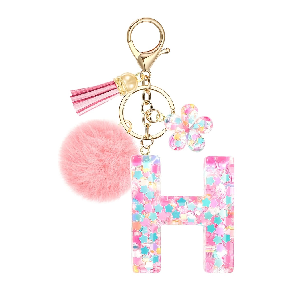 ladies initial keychain cute pink flower resin letter