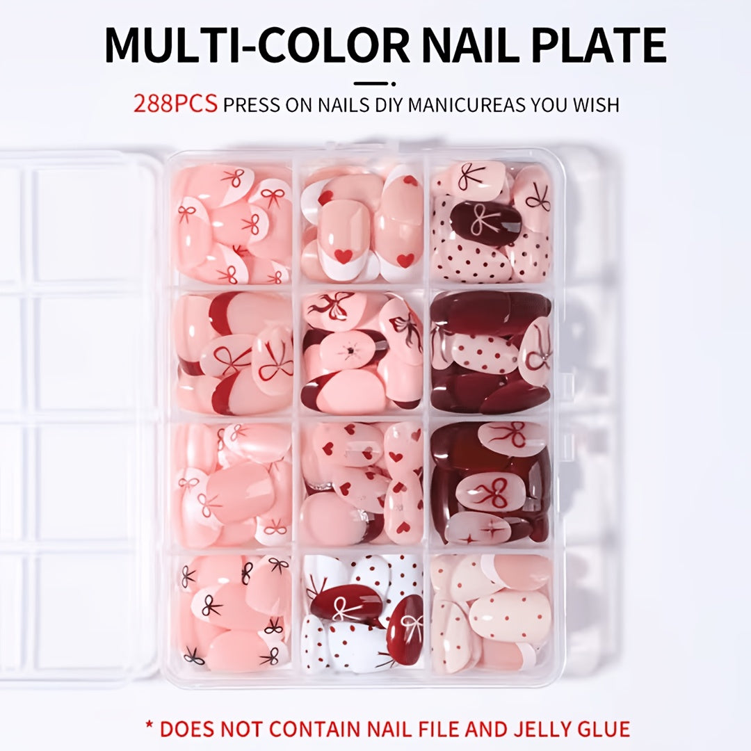 288pcs short oval press nails   multicolor bow heart