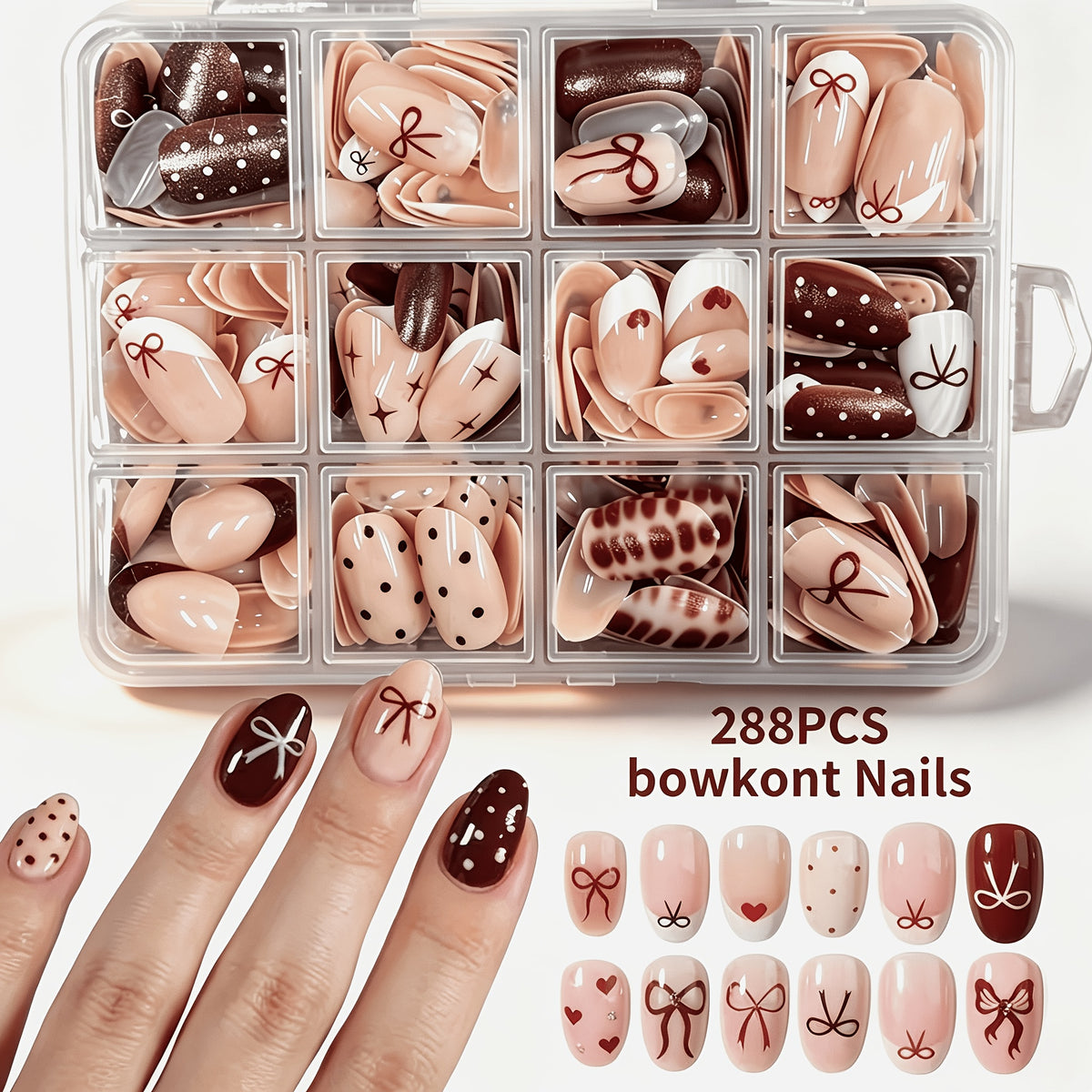 288pcs short oval press nails   multicolor bow heart