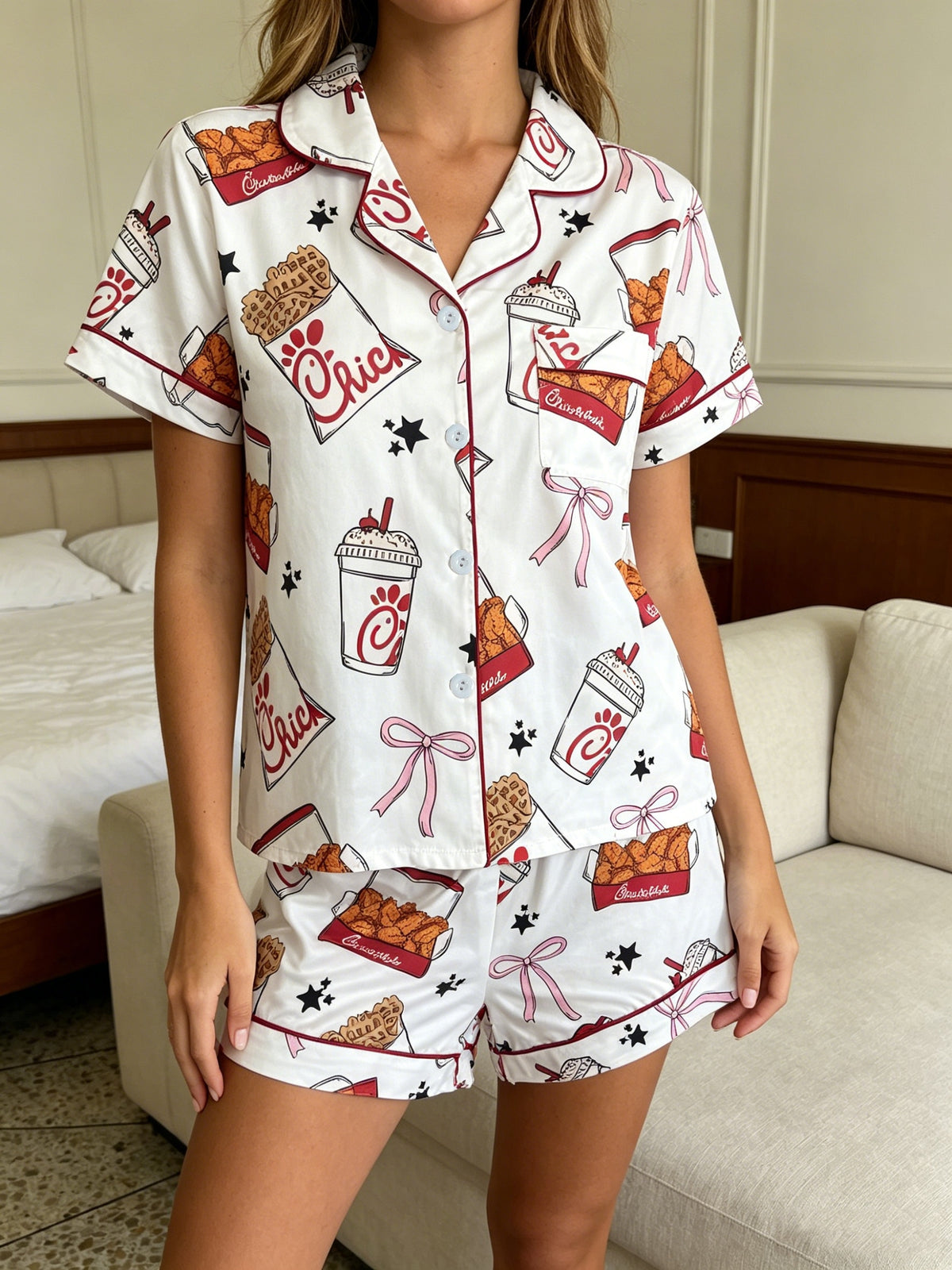 ladies sleepwear set featuring drinks bow print