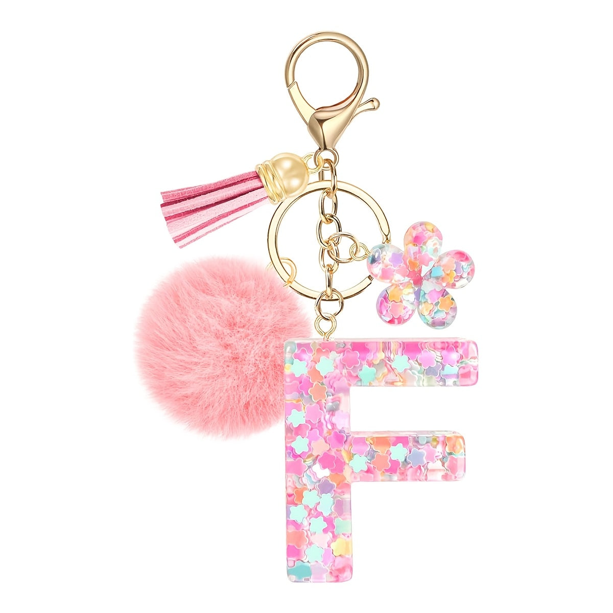 ladies initial keychain cute pink flower resin letter