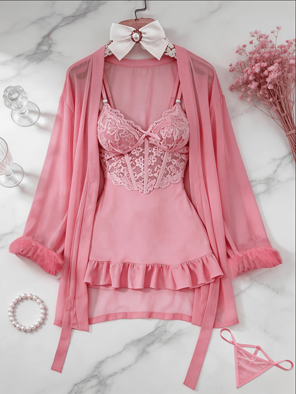 womens   3pcs sheer lace   set robe panty see