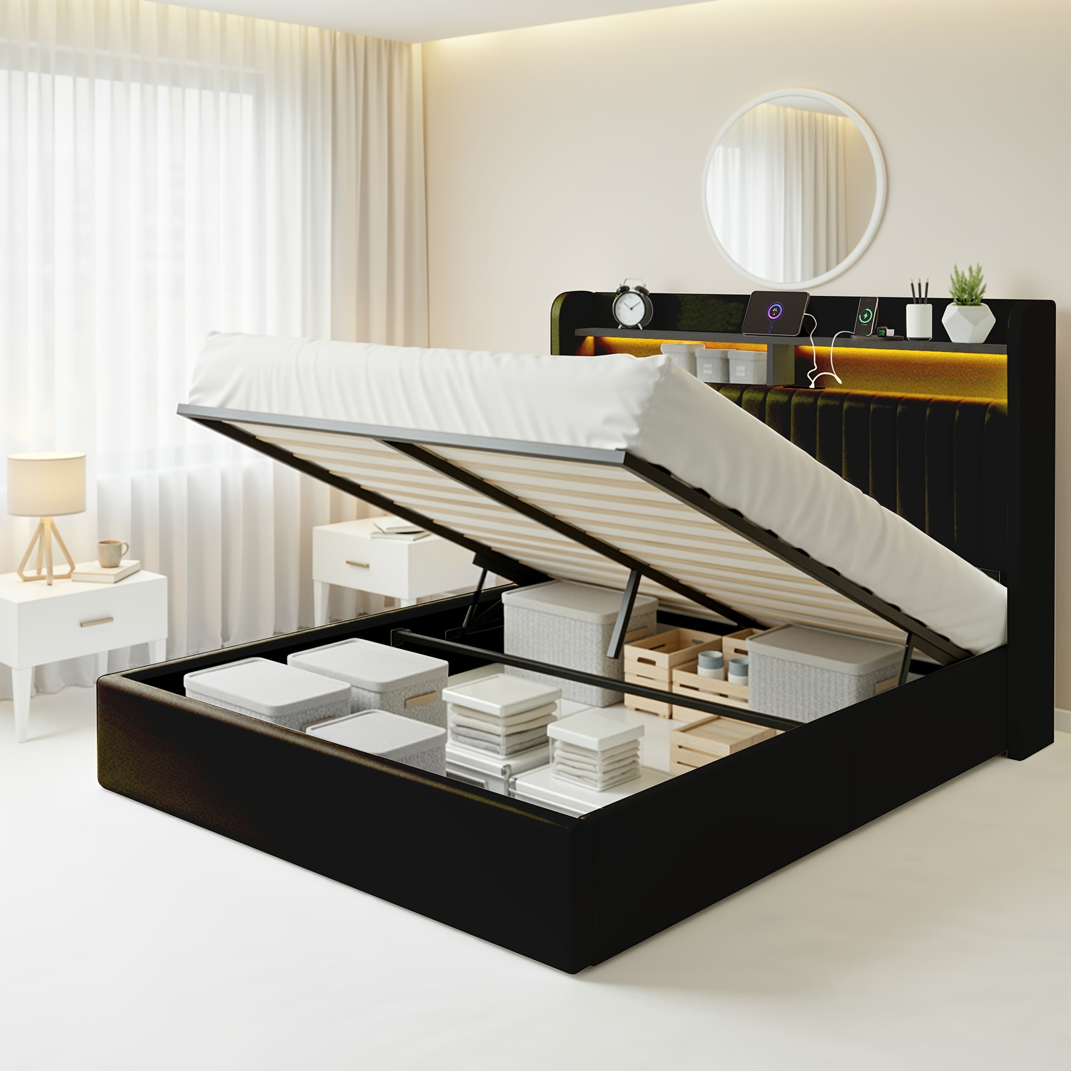 lift storage bed frame velvet vertical channel