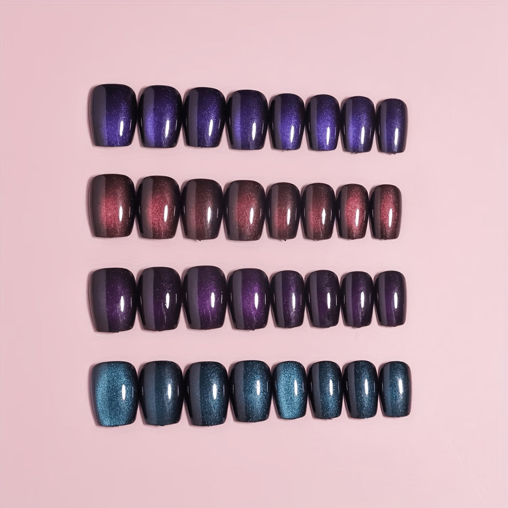 96pcs short square glossy cat eye press nails blue purple