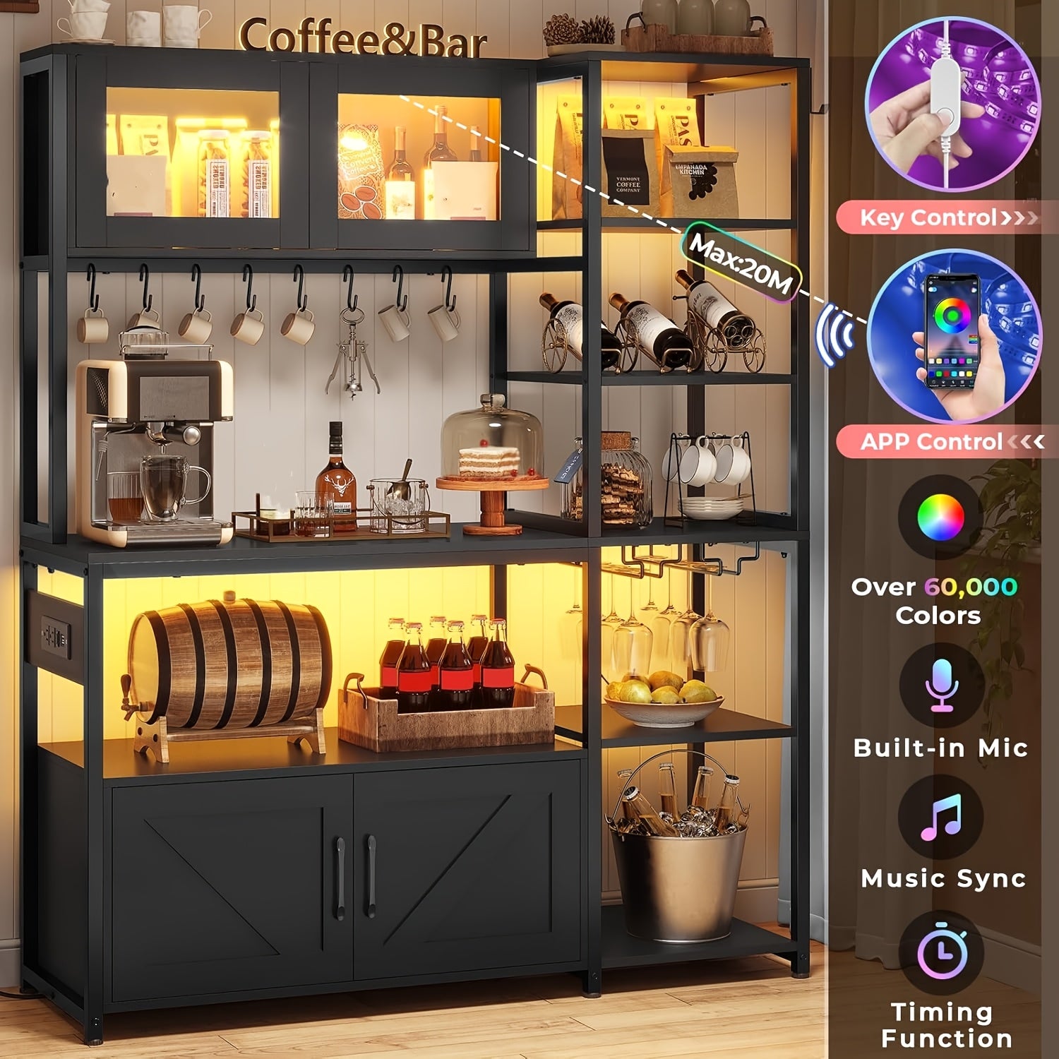 bakers rack led light 45 3 farmhouse coffee bar cabinet