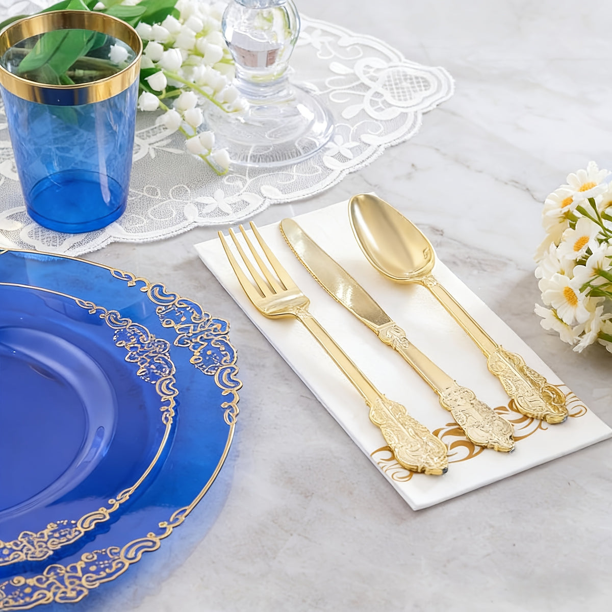 145pcs transparent blue disposable plastic tableware set